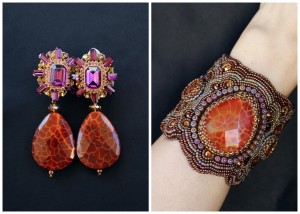 From Faria Siddiqui's Personal Collection. Fire Agate & Amethyst Crystal Earrings and Fire Agate Hand Cuff - Feature By TheMuslimBride.Com