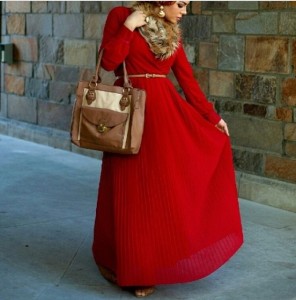Red Long Sleeve Chiffon Pleated Maxi Dress By D.I.R. Fashion - Fall & Winter 2014 Collection Featured at TheMuslimBride